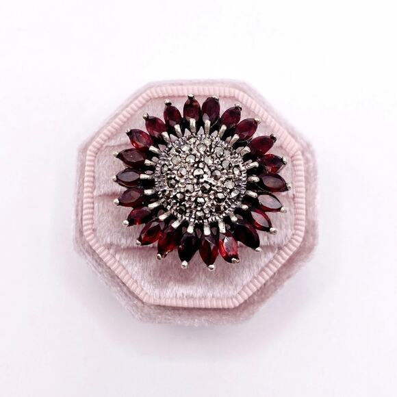 Sterling Silver SunFlower With Garnets and Marcasite 7.5” - Picture 2 of 8